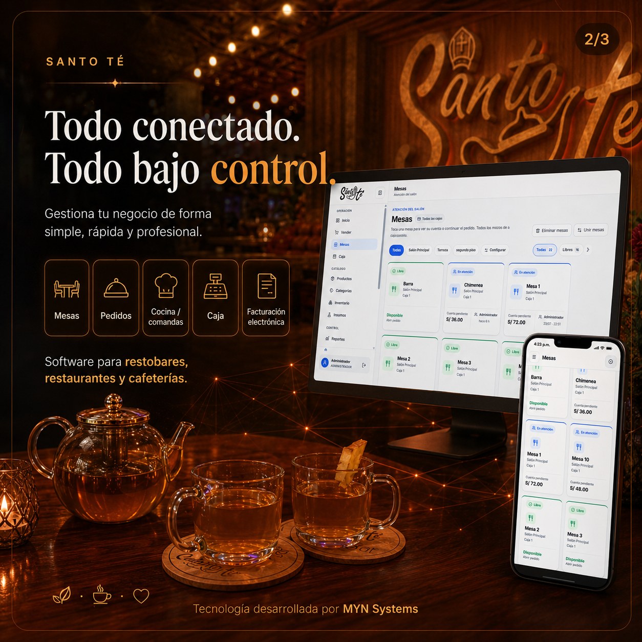 Santo Té: gestión de mesas, pedidos, cocina, caja y facturación electrónica.